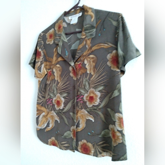Vintage Jones New York Silk Blouse Shirt Brown Floral Short Sleeve Size 10 - Picture 6 of 6